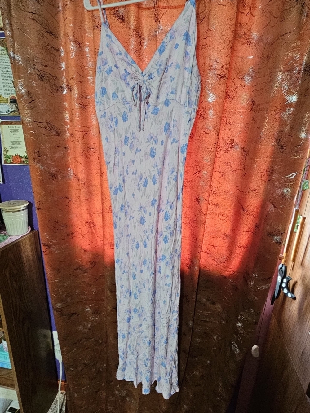 wild fable Light Pink And Blue Floral Midi Slip Dress with Tie Front